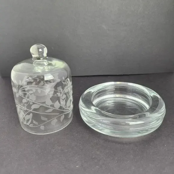 Vintage Miniature Glass Domed Butter Dish Etched Butterflies Vines Votive Candle - Picture 2 of 12